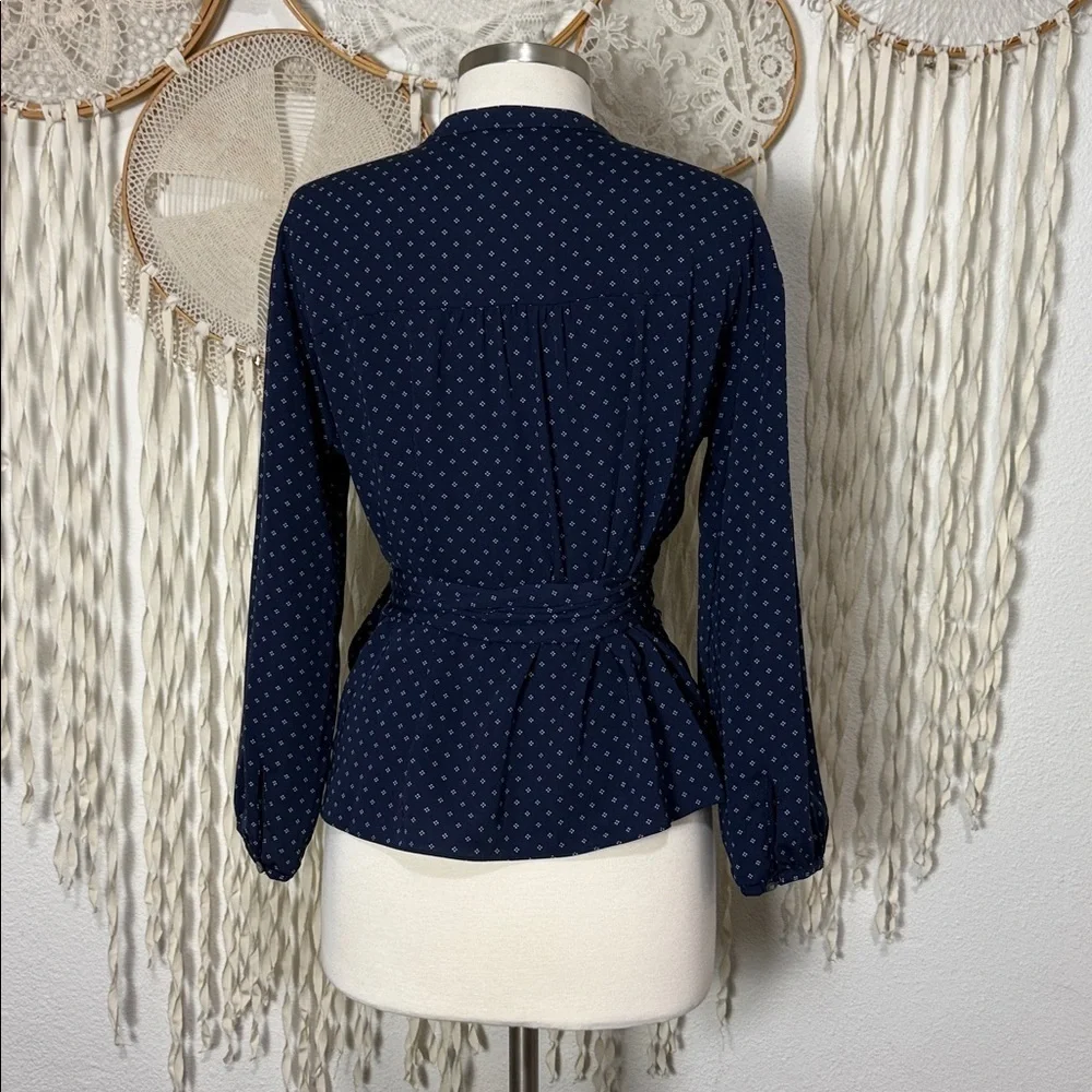 J. Crew Navy Printed Quarter Sleeve Wrap Blouse Size Small